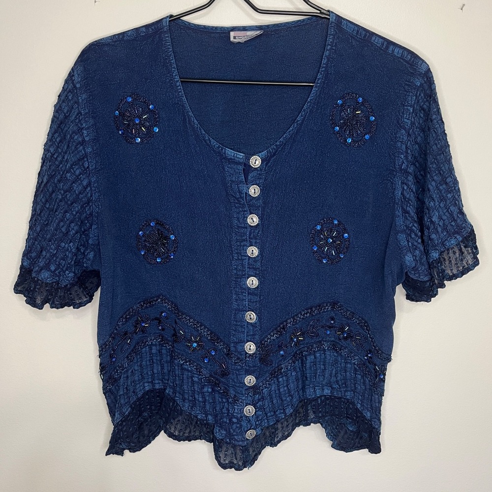 Shoreline Lace Beaded Top Women's L Boho Artsy Embroidery Festival Peasant